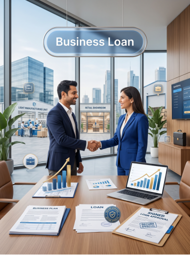 Two business people shaking hands over business loan paperwork