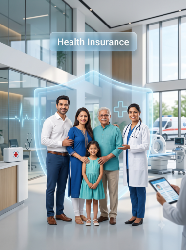 A family with medical staff in a hospital, illustrating health insurance cover